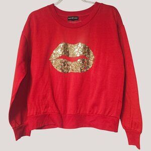 Almost Famous Red Pullover Sweater With Gold Sequin Lips Graphic Women's Size S